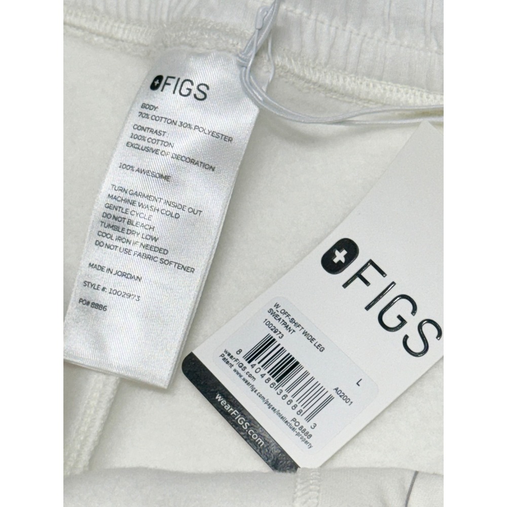 FIGS Off-Shift Wide Leg Sweatpants White Cotton Blend Fleece Pants 1002973 Large - Picture 3 of 5